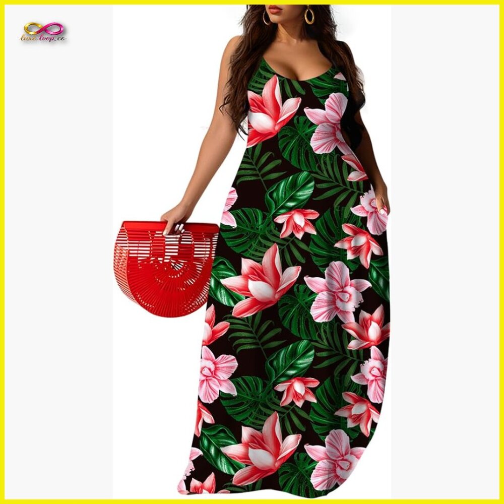 Plus Size Maxi Dress Boho Tropical Beach Sundress Adjustable Straps Side Pockets